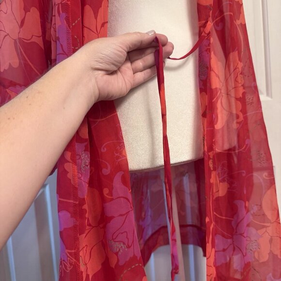 Victoria’s Secret Women’s Size OS Robe Chiffon Sheer Red Pink Floral Intimate - Picture 7 of 12